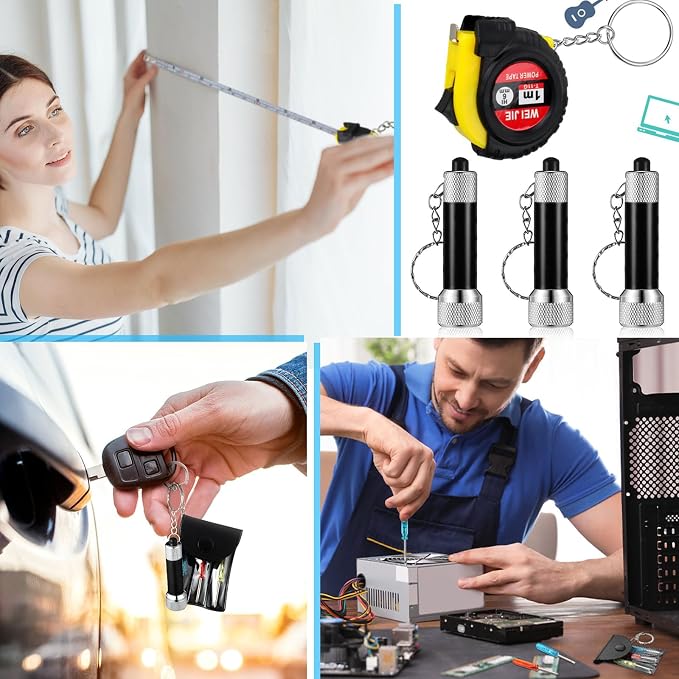 Jutom 24 Pcs Mini Tape Measure Keychain Screwdriver LED Light Keychain Bulk Men Adult Tool Party Gifts Prize for Man Father's Day Housewarming Gifts Adult Useful Tool Favors (Black)