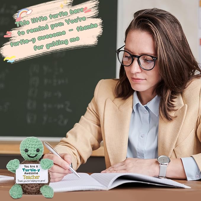 4THFARMES Mini Funny Turtle Teacher Appreciation Gifts for Women Men, End of Year Thank You Teacher Gifts Ideas, Personalized Cool Small Cute Stuff Things, Handmade Emotional Positive Crochet Turtle