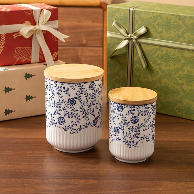 Canisters Sets for the Kitchen - 2 Pcs 36/18 oz Ceramic Kitchen Containers for Countertop with Airtight Wood Lids - Flour and Sugar Containers for Coffee Tea Spice Beans Cookie Jars - Blue