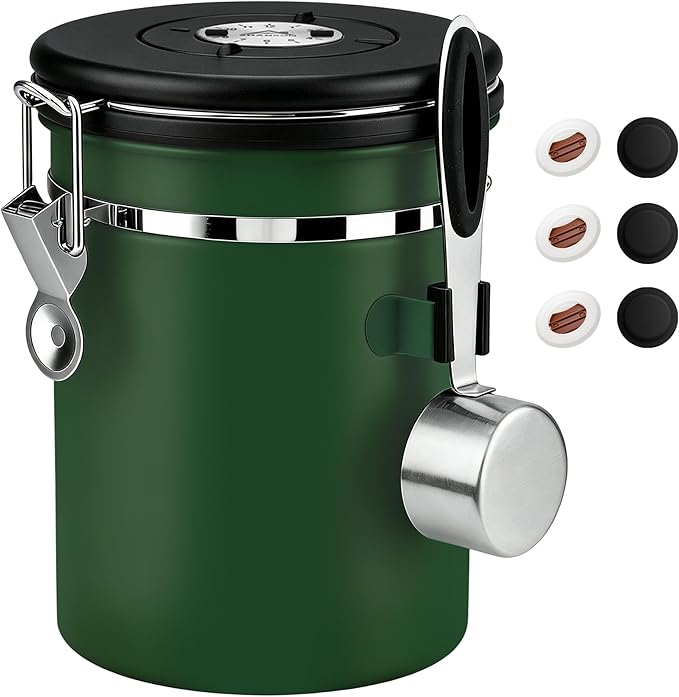 ShanSon Coffee Canister Airtight Coffee Container Stainless Steel Coffee Bean Storage Container with Scoop Coffee Canister for Beans Grounds Sugar Flour Tea Cereal,22OZ, Dark Green