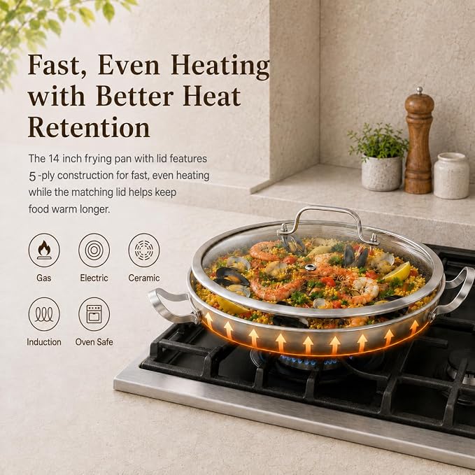 DELARLO Paella Pan 14 Inch Tri-Ply Stainless Steel Paella Pan with Lid Nonstick Frying Pan, Hybrid Induction Large Skillets,Great for Paella Parties Indoors Outdoors,Heavy Duty Style