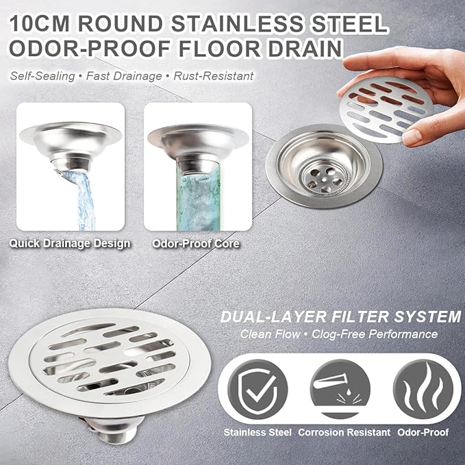 Odor Proof Floor Drain 4 Inch, Round Shower Drain Backflow Preventer, Quick Drainage Design, Stainless Steel