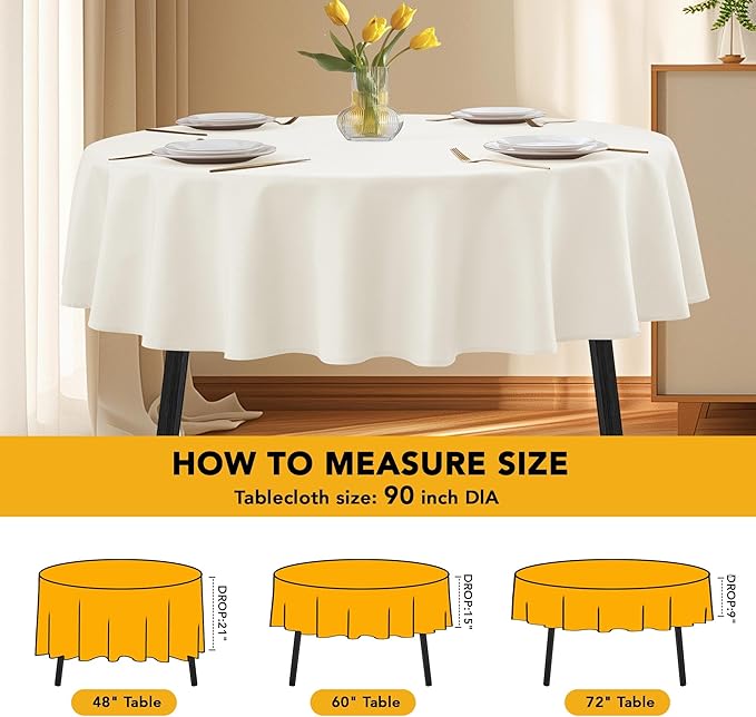 10-Pack Ivory Round Tablecloths, 90 Inches, Stain-Resistant Polyester for 4-5 Ft Round Tables - Washable Table Covers for Weddings, Banquets, Birthday Parties, Events