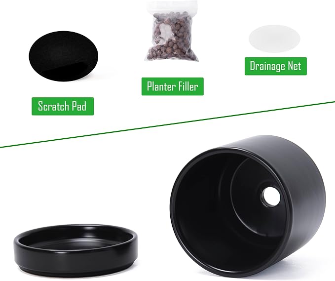 D'vine Dev Set of 2 Plants Pot, 4.7 Inch Ceramic Planter Pot for Plants with Drainage Hole and Saucer, Black, 94-V-B-2