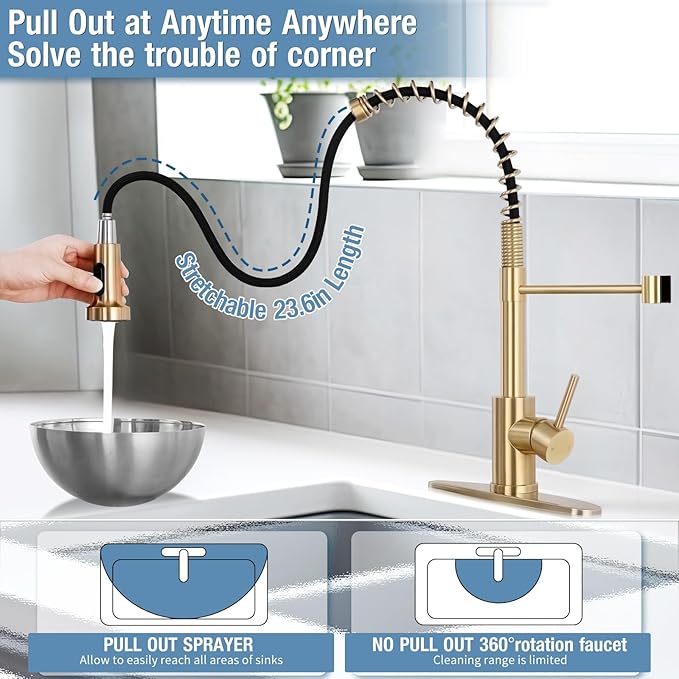 DJS Kitchen Faucets with Pull Down Sprayer Brushed Gold -Single Handle 1 or 3 Holes Spring Kitchen Sink Faucet with Deck Plate for Farmhouse RV Vessel Basin