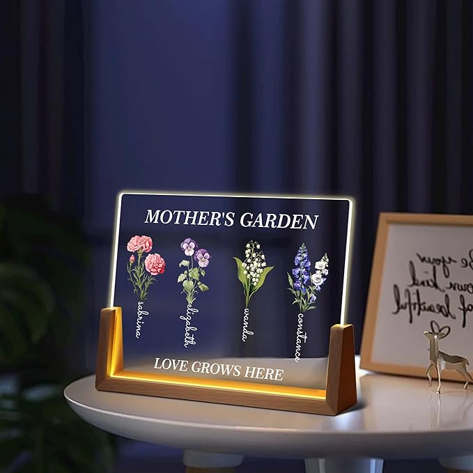 Personalized Mothers Day Birthday Gifts For Mom Grandma Wife, Custom Mom Gifts From Daughter Son, Customized Birth Flower Mothers Garden Plaque Light Up Picture Frame For Mama Grandma Gift