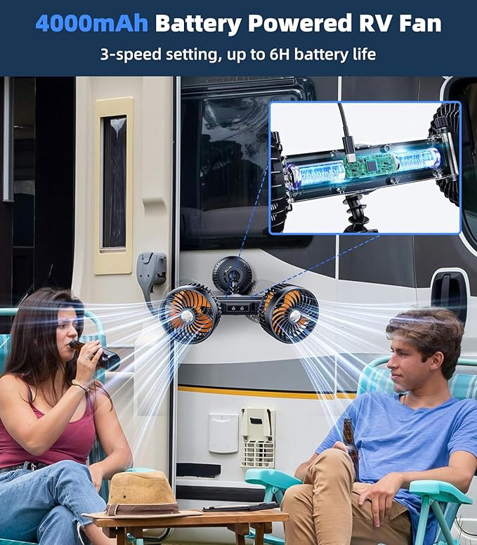 Dual Head Suction Cup Car Cooling Fan for Window Dashboard, 4000Mah Battery Powered Rechargeable USB Car Fans That Blow Cold Air, Cooler for Semi Truck Rv Van Tractor Cab Vehicles without Ac