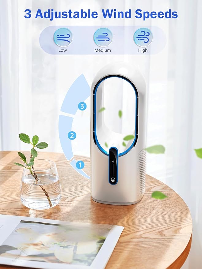 Misby Desk Fan, 11.8 Inch Portable Bladeless Fan, Small Rechargeable Table Fan with Battery, 3 Adjustable Speeds, Touch Control, Easy to Clean, Quiet Desktop Fan for Bedroom, Home, Office (White)