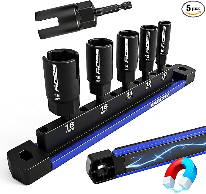 5-Piece Wing Nut Driver Set (10mm,12mm,14mm,16mm,18mm) with Magnetic Aluminum Storage Rail, 1/4" Hex Shank Wing Nut Driver Bit Set, Metric Wing Nut socket Set for Wing Nut, Eye Bolt, Wire Twisting