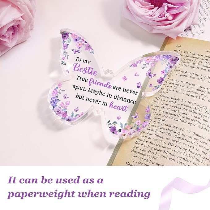 Best Friend Gift for Women, Unique Purple Butterfly Acrylic Plaque Desk Decor, Bestie Best Friend Birthday Gifts for Women Friendship for Bff Bestfriend, 5 x 3.8 x 0.5 inches