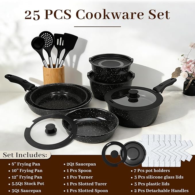 Pots and Pans Set - Non Stick 25 Pieces Cookware Set Pots and Pans with Detachable Handles, Includes Pans, Pots, Utensils, Trivets for Hot Dishes, Lids, Space-Saving Cookware