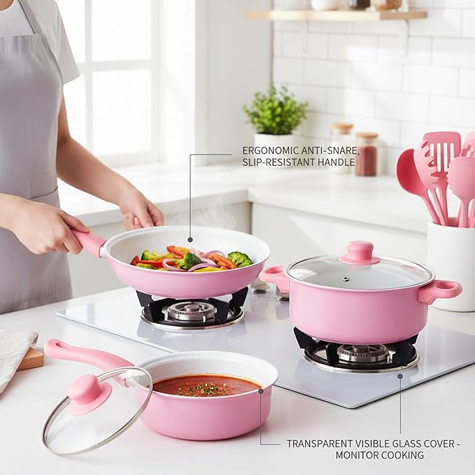 Nonstick Cookware Set, 13-piece Nonstick Cookware Set, Non Stick Pots and Pans with Frying Pan, Saucepans, Milk Pot & Utensils for Home Cooking, Style-1
