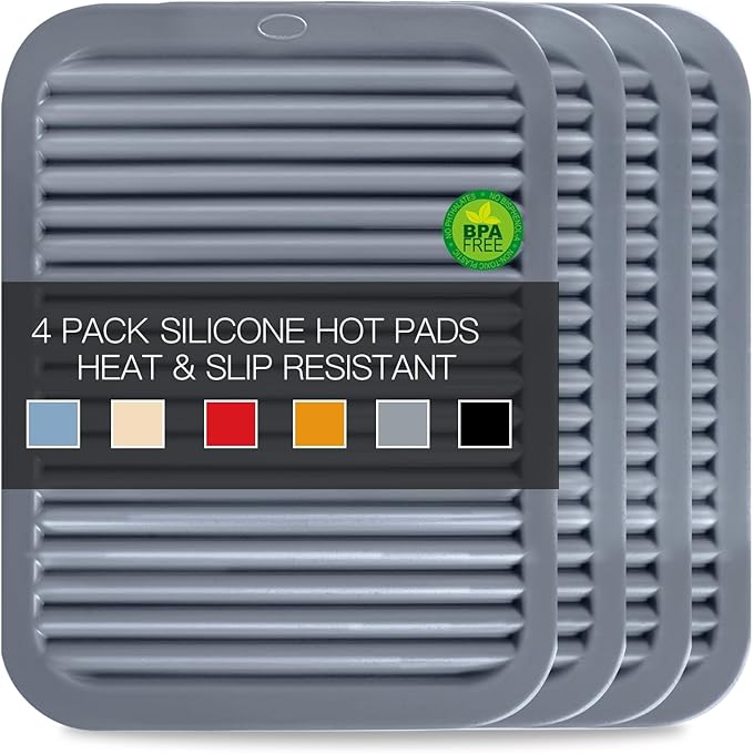 4 PCS Silicone Trivet for Hot Dishes, Hot Pads Trivets Mat for Hot Pots and Pans, Heat Resistant Silicone Hot-Mats, Pot Holders Jar Opener Tables-Mats for Countertop Drying Mat (Grey)