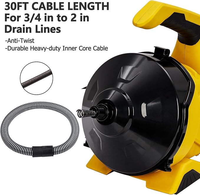 Electric Drain Cleaner Machine, 30FT Strong Flexible Cable, Auto-Feed Electric Drain Auger for 3/4"-2" Pipes, for Sinks, Tubs & Floor Drains, Enclosed Drum, Easy-to-Use DIY Clog Removal Tool