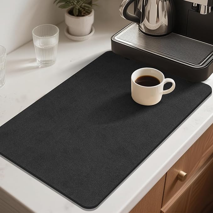 Findosom Dish Drying Mat, 12"x 20" Super Absorbent & Hide Stain Coffee Mat, Cuttable Drying Mat for Kitchen Counter, Coffee Bar Accessories, Under Dish Rack, Coffee Maker, Espresso Machine, Black-2