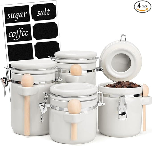 4-Piece Airtight Ceramic Canisters Set with Wooden Spoons & Chalk Labels – Perfect for Coffee, Sugar, Flour, Tea (White) – Stylish & Leakproof Kitchen Storage