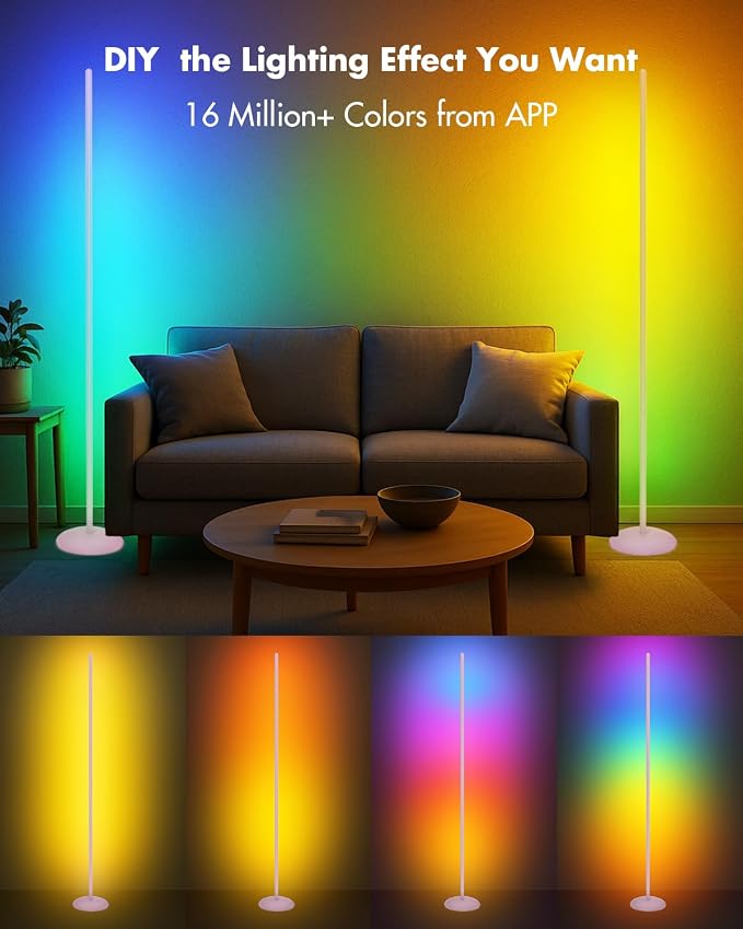 LED Corner Lamp, Smart RGB Floor Lamp with Music Sync, APP & Remote | Floor Lamp Dimmable with 16 Million Color Changing, Music Sync, Standing Lamps for Bedroom, Living Room, Gaming Room - Silver