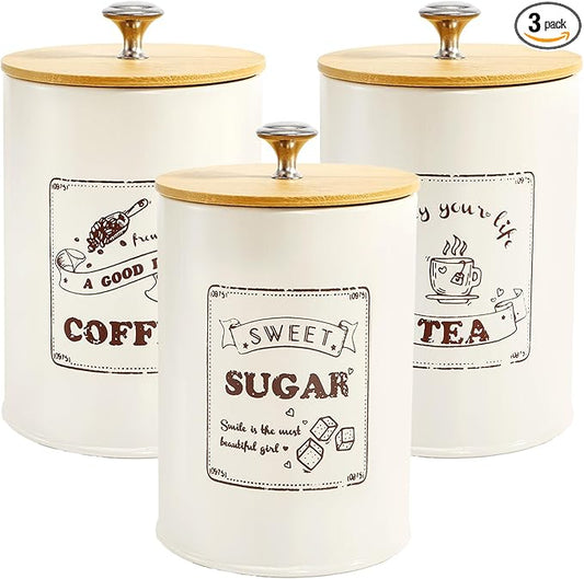 Youeon Metal Canisters Sets for the Kitchen, 40 Oz Coffee Sugar Tea Container Set, Farmhouse Style, Food Storage Containers with Lids for Countertop, Cabinet, Coffee Bar Decor, Beige
