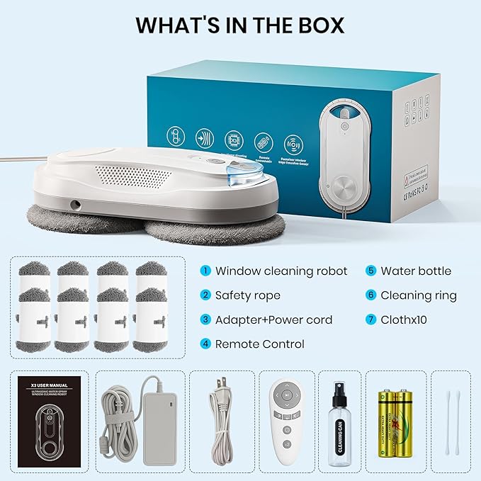 KKI Window Cleaning Robot, Auto Window Cleaner Robot, Dual Spray, Max 3200Pa, AI Path Planning & Edge Detection, Remote Control for Inside/Outside High-Rise Windows,Glass Door,8Cloths, X3 (White)