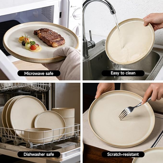 Stoneware Dinnerware Sets, Plates and Bowls Sets for 4, 12-Piece Ribbed Dishes – Chip & Scratch Resistant, Microwave and Dishwasher Safe Tableware, Beige