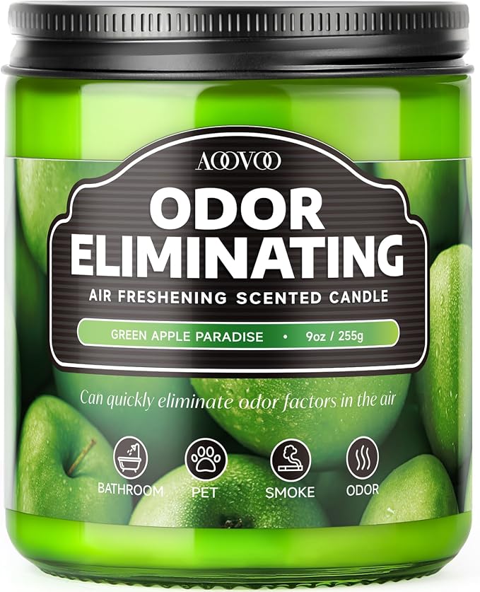 AOOVOO Green Apple Odor Eliminating Highly Fragranced Candle - Eliminates 95% of Pet, Smoke, Food, and Other Smells Quickly, Non Toxic Air Freshing Soy Candle, Up to 50 Hours Burn time