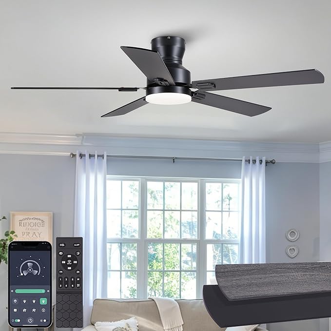 Ceiling Fans with Lights, 52" Low Profile Ceiling Fan with Light and Remote/APP Control, Modern Flush Mount Led Ceiling Fan for Indoor Bedroom Living Room, Dimmable, Qiuet DC Motor, Black