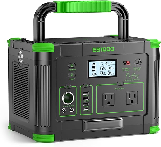 Portable Power Station 1000W (Peak 2000W), 999Wh Solar Generator, 110V Pure Sine Wave AC Outlet with PD 60W USB-C Fast Charging, Outdoor Camping RV Van Home Backup Off-Grid Living