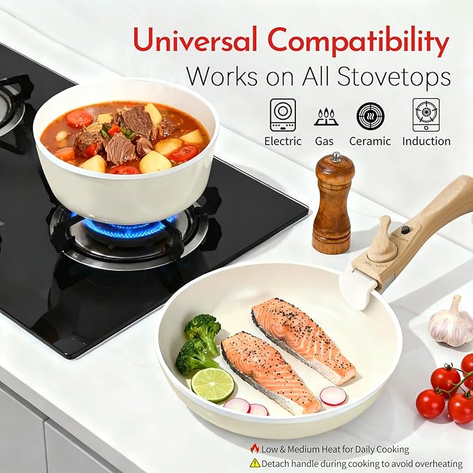 Heapsion 10-Piece Ceramic Nonstick Cookware Set, PFAS/PFOA/PTFE-Free & Non-Toxic Pots and Pans Set with Detachable Handles, Dishwasher Safe & Induction Compatible for Kitchen & RV Cooking
