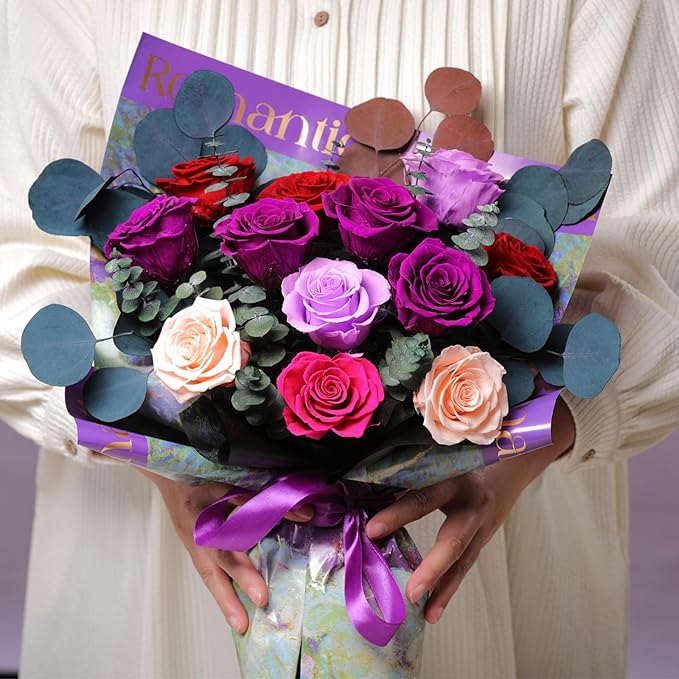 Lovenfold Flowers for Delivery Birthday Flowers Gift for Her,Preserved Flowers Bouquet 12 Roses Mixed Bouquet,Rose Gifts for Women Mom Grandma(Mixed 12 Purple-B Roses)