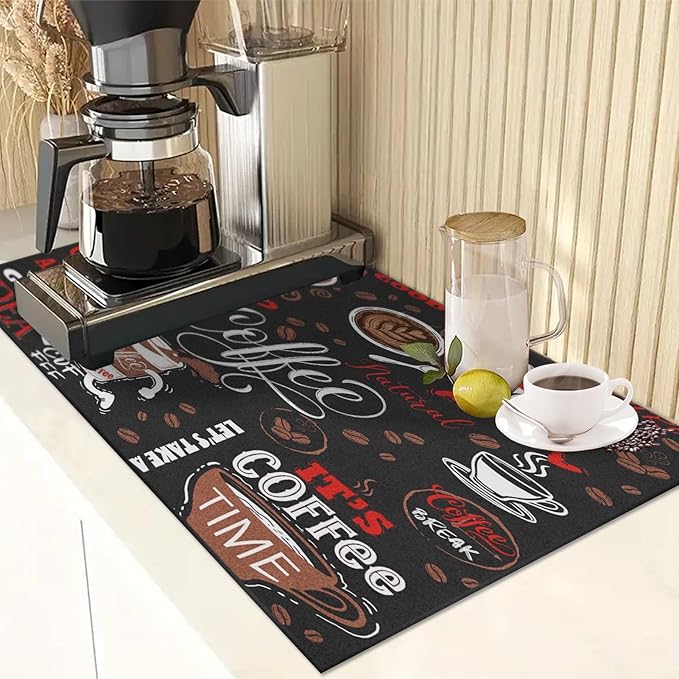 Arttown Coffee Mat for Countertops, Funny Abstract Cartoon Red Dish Drying Mat 2 Pcs for Kitchen Bar Accessories, Coffee Maker Espresso Machine Dish Rack Hide Stain Rubber Backed 12x19In
