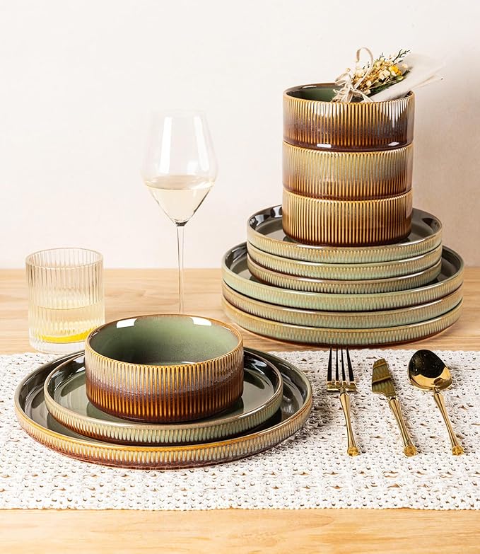 TheTerra Ceramic Dinnerware Sets with Pasta Bowls for 4, 16 Pieces Porcelain Lightweight Plates and Bowls Sets, Scratch Resistant Dish Set, Oven & Microwave & Dishwasher Safe, Sage Umber