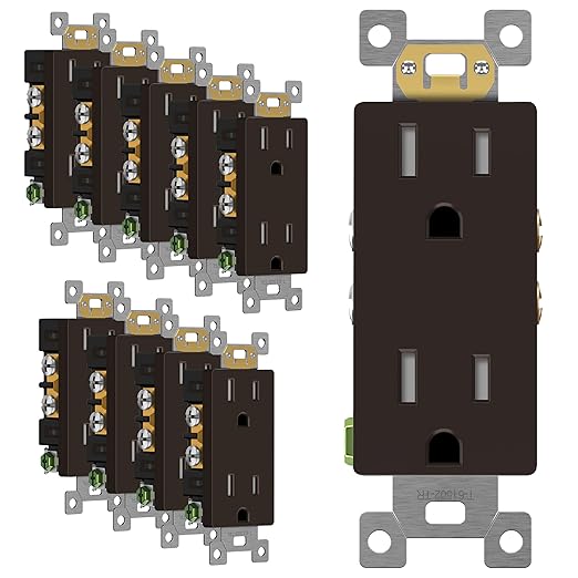 ENERLITES 10 Pack Brown Decorator Receptacle, Standard Electrical Wall Outlet, 15A 125V, Self-Grounding, 2-Pole, 3-Wire, 5-15R, UL Listed, 61502-TR-BR, Tamper Resistant