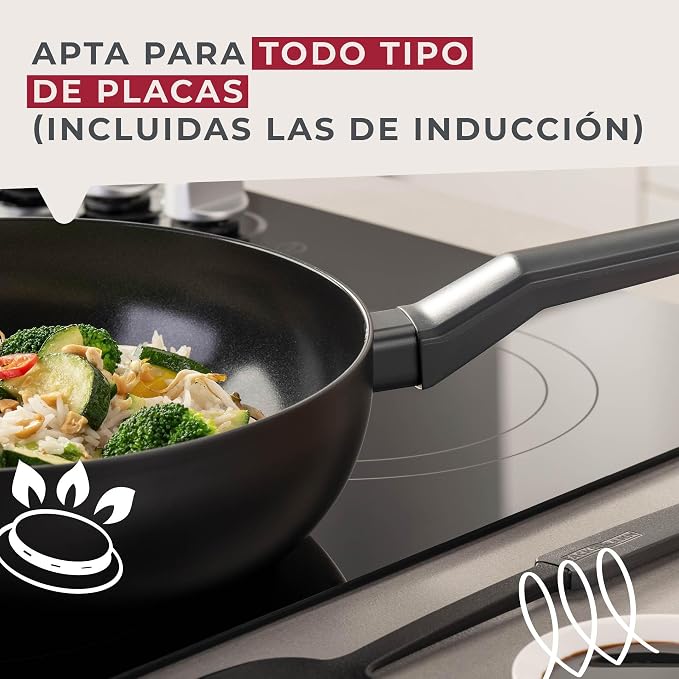 Fackelmann Statement ⌀28cm Wok Frying Pan, Recycled Aluminium, Non-Stick | PFAS Free Ceramic Coating, Honeycomb Base Structure, Comfort Grip Handle, All Stoves Including Induction, 47x28x8cm, Ash Grey