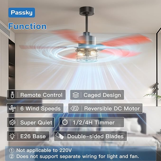 Passky Ceiling Fans with Lights, 52 inch Farmhouse Ceiling Fan with Light and Remote Control, 6 Speeds, Reversible, Noiseless, Dual Finish Blades, Black Caged Ceiling Fan for Bedroom, Living Room