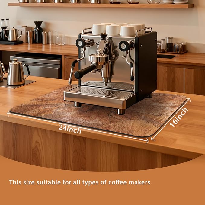 Coffee Mat 24x16 Inch, Wood Grain Coffee Placemat, Absorbent Hide Stain Rubber Backed Dish Drying Mat for Kitchen Counter, Bar Mats for Countertops, Under Coffee Bar Maker Machine Pot Espresso Staion
