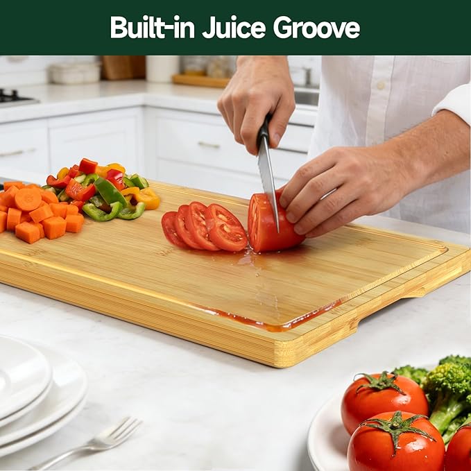 3-Piece Set Bamboo Cutting Board for Kitchen - Crack-Resistant Wood Chopping Boards with Deep Juice Grooves, Pre-Oiled Butcher Block for Meat, Vegetables & Cheese, Natural