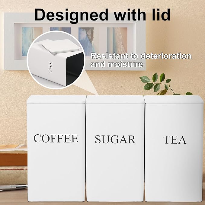 3Pcs Tea Coffee Sugar Canisters Set, Metal Coffee and Sugar Containers, Versatile Kitchen Storage Jars with Airtight Lids, Space Saving Food Canisters Set for Home Kitchen (White)