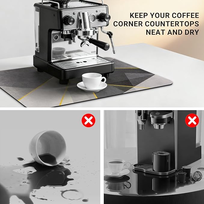 Coffee Mat 19x12 Inch, Gray Geometric Coffee Splash Mat, Absorbent Hide Stain Rubber Backed Dish Drying Mat for Kitchen Counter, Mat for Countertops, Under Coffee Bar Maker Machine Pot Espresso Staion
