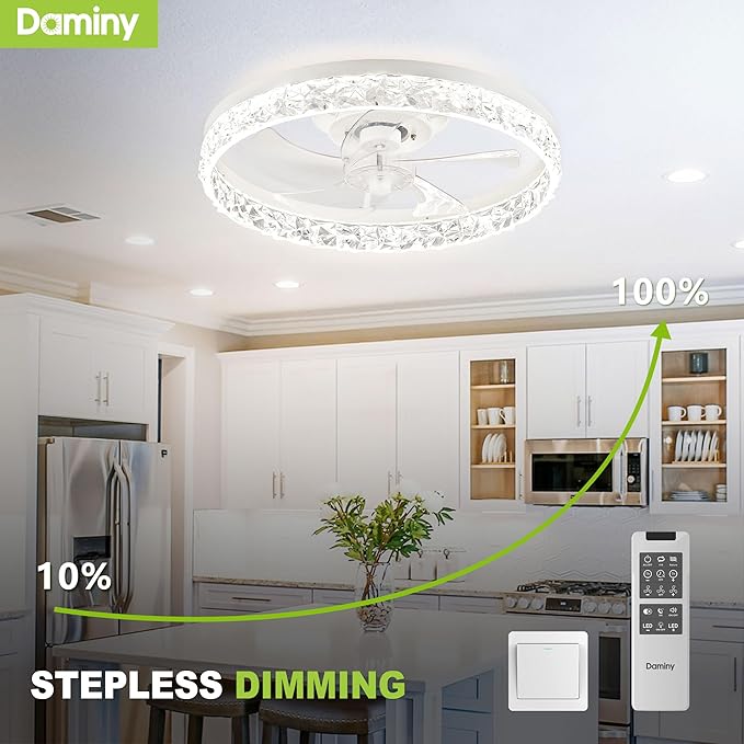 DAMINY Ceiling Fans with Lights and Remote, 6CCT,Dimmable Low Profile Ceiling Fan with Light, Flush Mount Bladeless Ceiling Fan,6 Speeds,20 inch White Modern