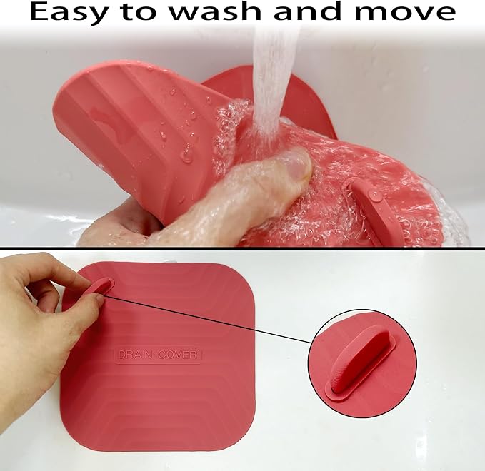 Shower Drain Cover Tub Stopper,2 Pieces Sewer Anti-Odor Mat Deodorizing Drain Plugs for Kitchen,Bathroom and Laundry(5.9x5.9 inch) Red
