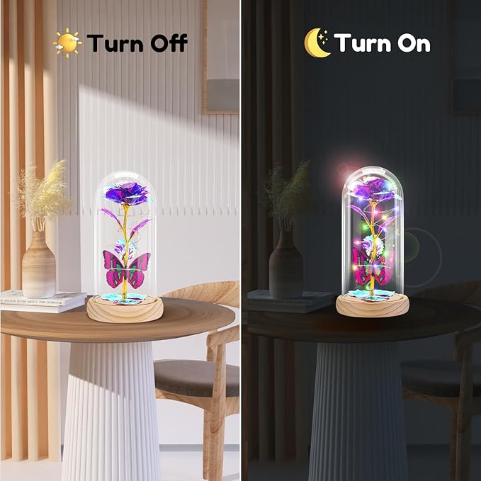 Otlonpe Preserved Forever Mothers Day Flower Gifts for Mom, Glass Rose Wood Base Colorful Light Butterfly Gifts for Women Grandma Girlfriend Wife Her, Valentines Mothers Day Christmas Birthday