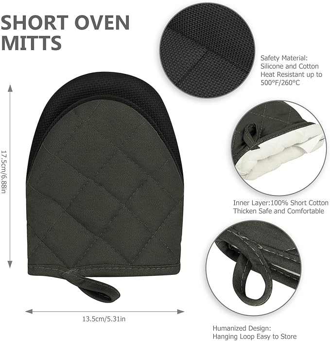Short Oven Mitts, Heat Resistant 500°F, Silicone Grip Kitchen Gloves, Non-Slip for Baking, Grilling, BBQ, Machine Washable with Hanging Loop, 2-Pack Set, Black
