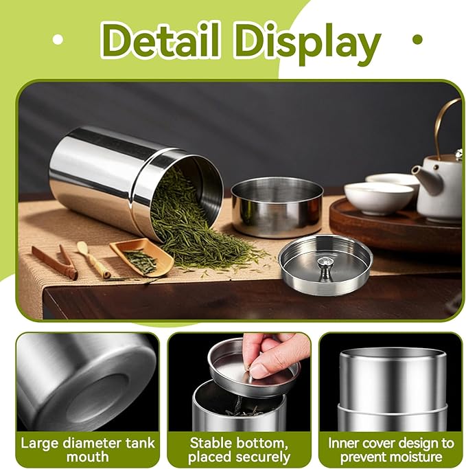Stainless Steel Tea Canister, 550ml Double Seal Tea Tin Canister Airtight Canister Storage Container with Double Lids, for Tea Coffee Sugar Seasoning Storage