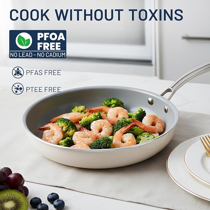 Kikcoin Ceramic Nonstick Frying Pan Set with Lids, 3 Pack 8/9.5/11 Inch Skillets, PFAS-Free Non Toxic Pans for Cooking, Induction, Oven & Dishwasher Safe
