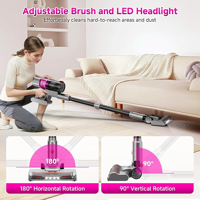 Cordless Vacuum Cleaner:Portable 6-in-1 Stick Vacuum with Anti-Tangle Brush | LED Headlight, Self-Standing, HD Display, Rechargeable Vacuum for Pet Hair, Low-Pile Carpet and Hardwood Floor-Purple