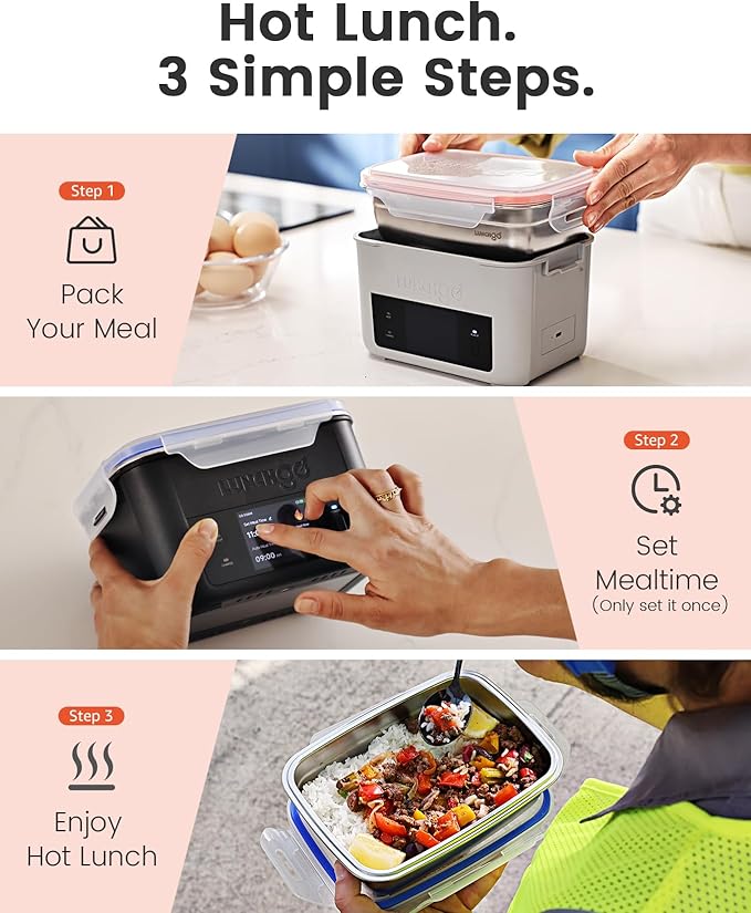 LUNCHGO® G1 – Standard(74 Wh), Smart Electric Heated Lunch Box Food Warmer – Cordless, 5 Cups, Battery Powered, 250°F Max, Scheduled Heating, Perfect for Outdoor Work, On-The-Go Meals (Neon Gray)