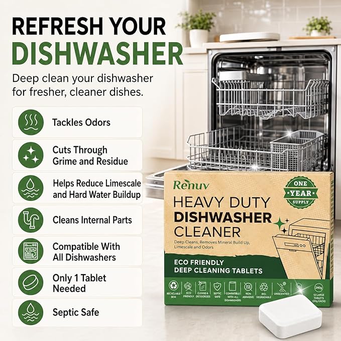 Renuv® Dishwasher Cleaner + Garbage Disposal Cleaner - Heavy Duty Kitchen Appliance Deep Cleaning, Descaling and Deodorizing, (12 Tablets of each)