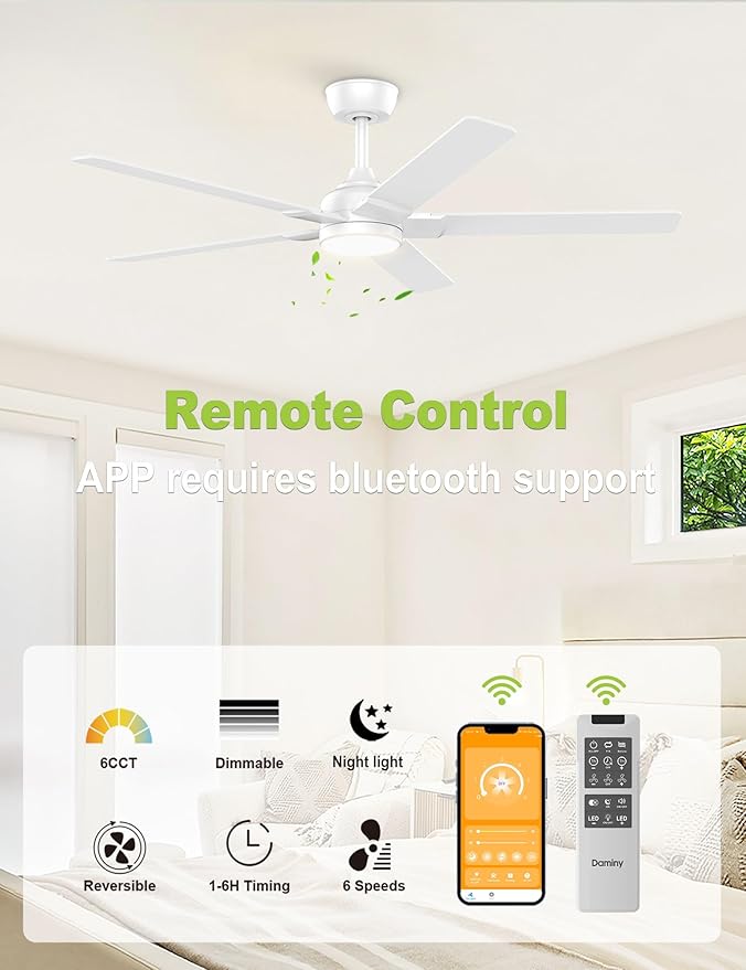 DAMINY 52 inch White Ceiling Fans with Lights,5 Blades,6CCT, Low Profile,Remote Control,for Bedroom, Kitchen,Living Room,Indoor/Outdoor Use,Downrod