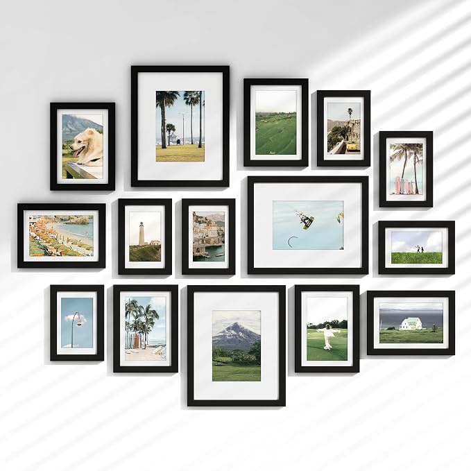 Venusmiles 15 Pack Picture Frames Collage Wall Decor, Gallery Frame Set for Wall Mounting or Tabletop Display, Multi Sizes Including 3pcs 8x10, 6pcs 5x7, 6pcs 4x6, Black