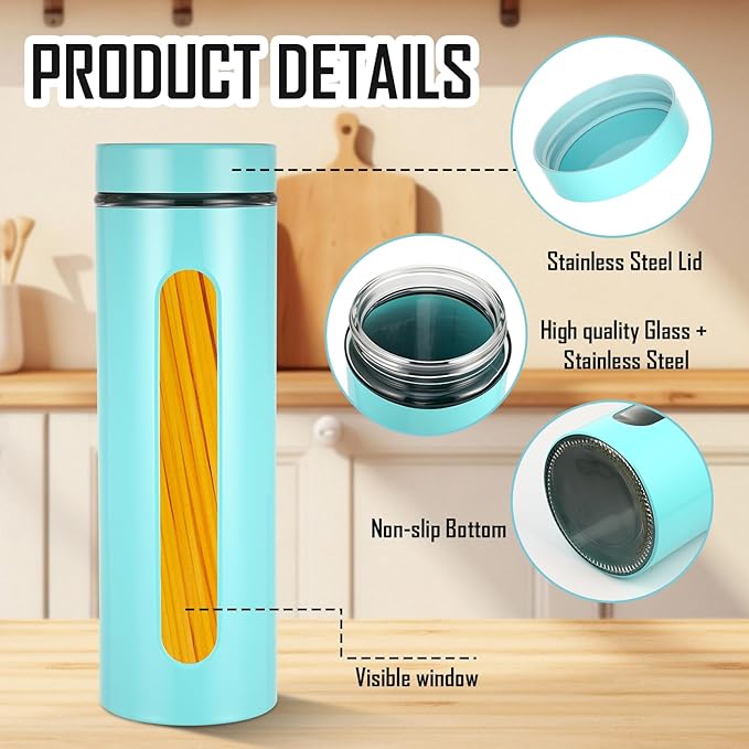 Patelai 6 Pack Kitchen Canisters Set Airtight Stainless Steel Canister Food Storage Container with Window Glass, Coffee Sugar Candy Jars Tea Organizer for Flour Cookies Spice(Turquoise,60 oz)